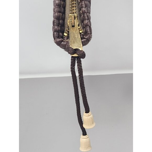 Woven Brown‎ Clutch Pouch With Zipper & Drawstring Detail Striped Fabric Lining - Picture 5 of 7